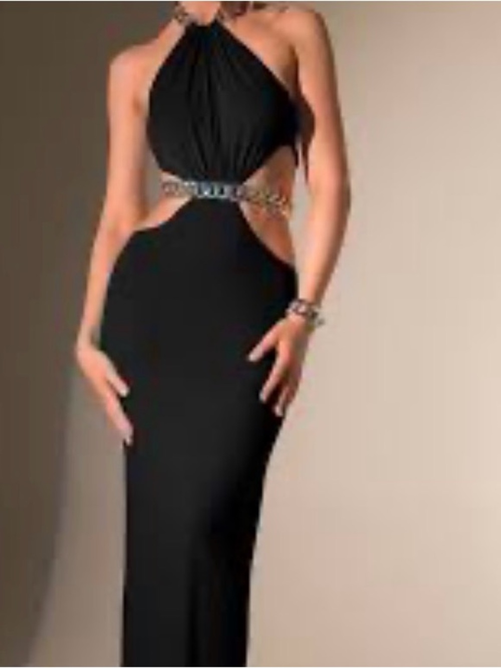 Black Halter Cutout Evening Dress with Metallic Chain Choker #18 - Picture 3 of 12